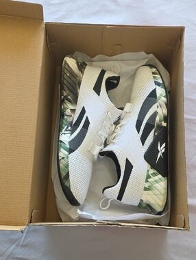 Reebok White and Black Men’s Athletic Sneakers with Green Accent Sole